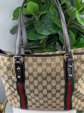 Gucci Brown GG Canvas Tote with Green and Red Web Stripe